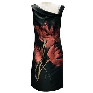 TALBOT RUNHOF BLACK / PINK FLORAL JACQUARD SATIN COCKTAIL DRESS